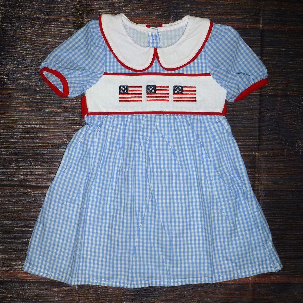 Boutique 4th of July Patriotic American Flag Girls Gingham Plaid Dress